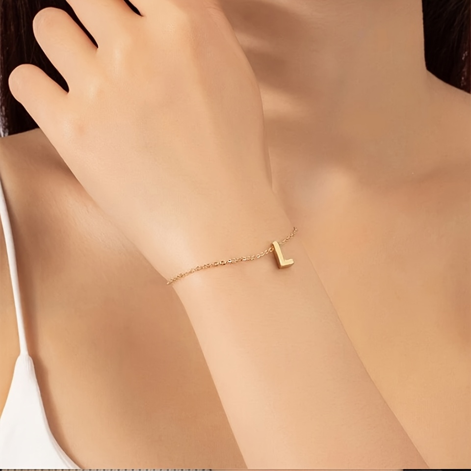 Golden Tone Stainless Steel Alphabet Bracelet Women Initial Charm Chain Link